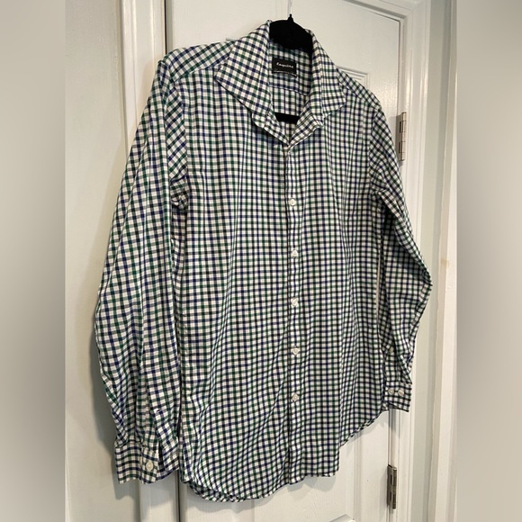 Esquire Size 15 Performance Slim Fit Non Iron Blue Green Plaid Button Down Shirt - Picture 4 of 13